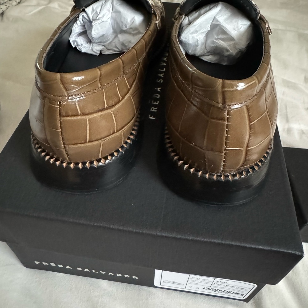 Freda Salvador Metallic Taupe Snakeskin-Embossed Loafers with Gold Accent - Picture 6 of 6